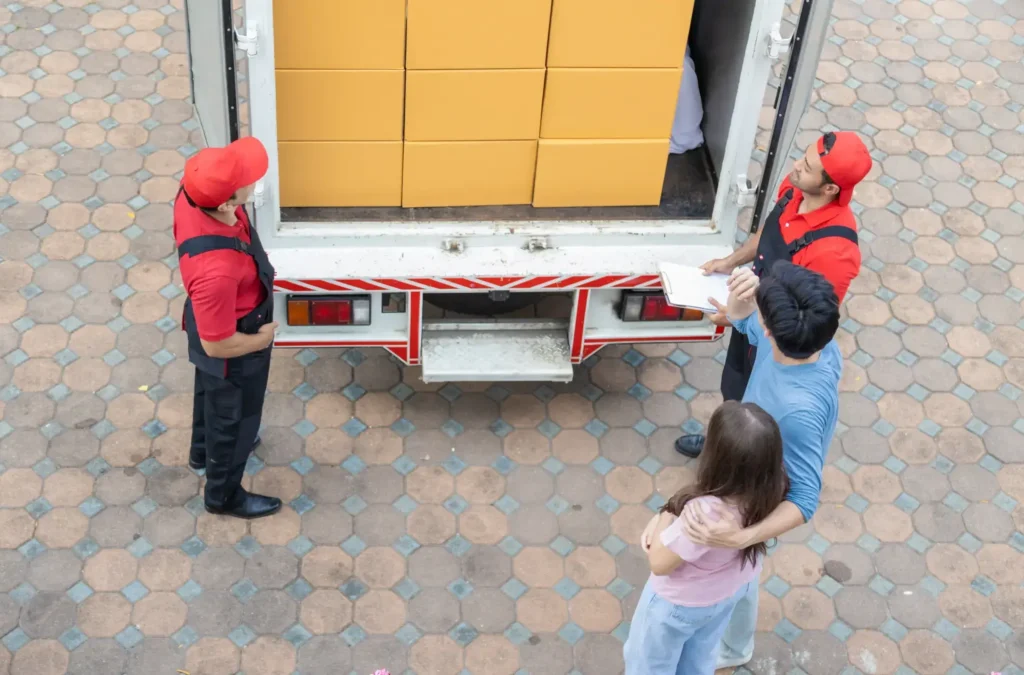 Family receiving delivery of boxes from a truck